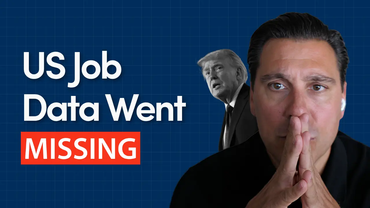 Thumbnail with blue grid background and bold white text 'US Job Data Went MISSING'; foreground man with hands pressed together and a small cutout of a politician behind him.