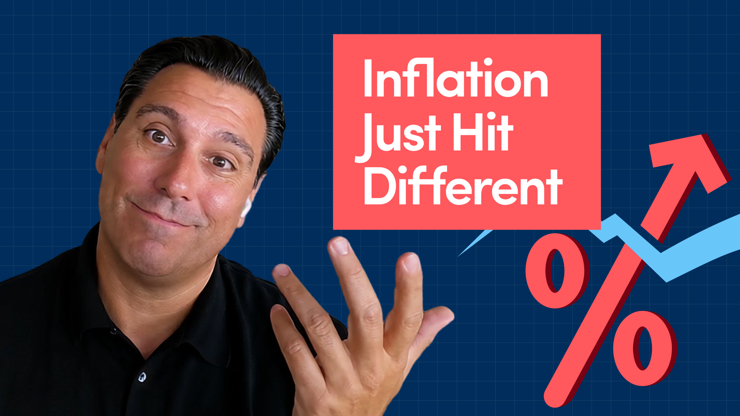 Smiling man on the left with hands raised beside a coral sign that reads ‘Inflation Just Hit Different’ on a dark grid background.