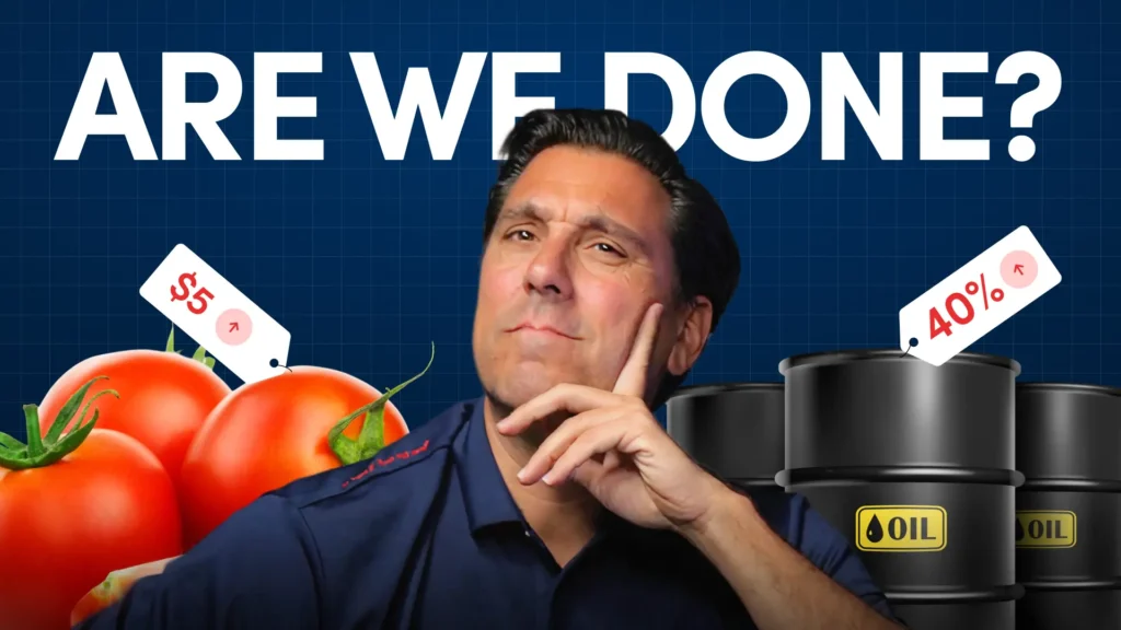 Thoughtful man beside tomatoes and oil barrels on a blue grid background, with 'ARE WE DONE?' text.