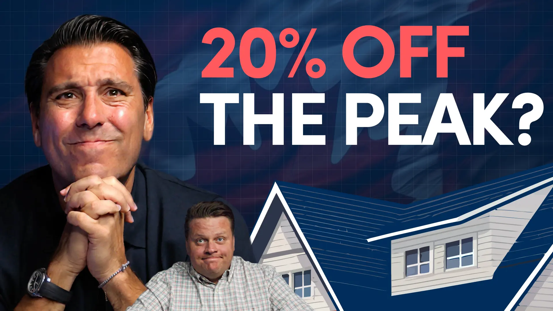 Promo banner: '20% OFF THE PEAK?' with two men on the left and a stylized house on the right.