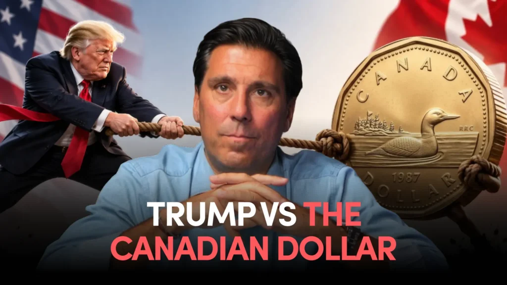 Central man in a blue shirt sits with hands folded, while a suited figure to the left pulls a rope; a large Canadian coin and flags fill the background.