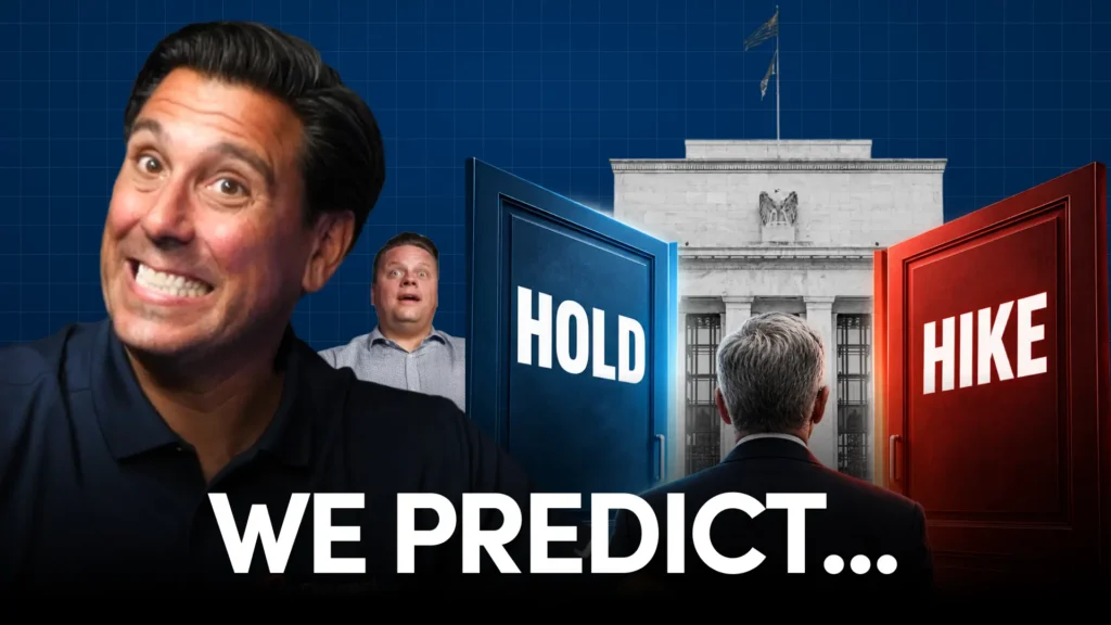 Close-up of a smiling man on the left with blue grid background; blue panel labeled HOLD and red panel labeled HIKE open toward a government building, suggesting a prediction video